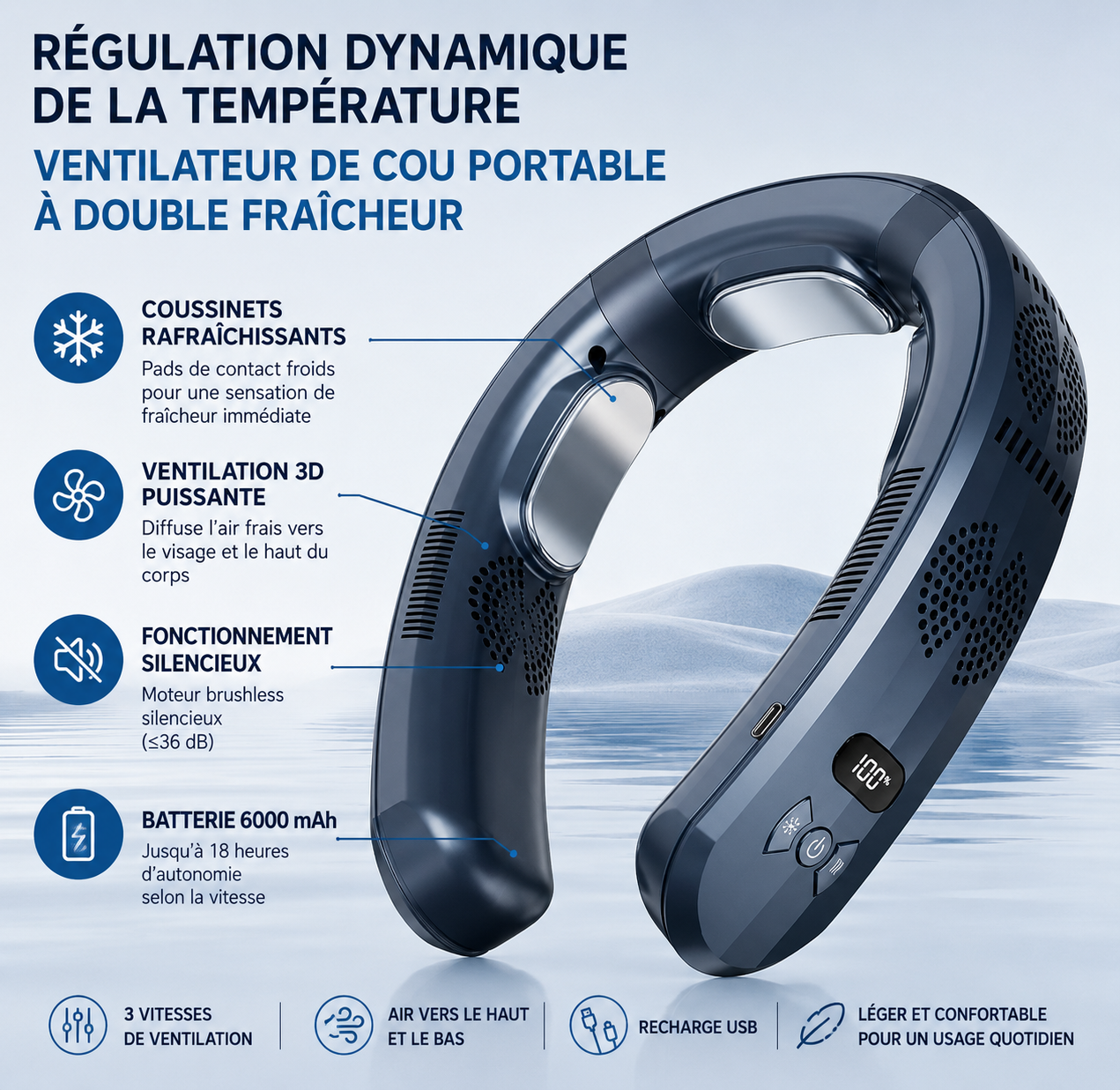 Ventilateur de cou portable avec plaques refroidissantes 6000 mAh KAIBA