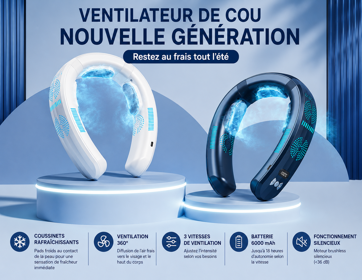 Ventilateur de cou portable avec plaques refroidissantes 6000 mAh KAIBA