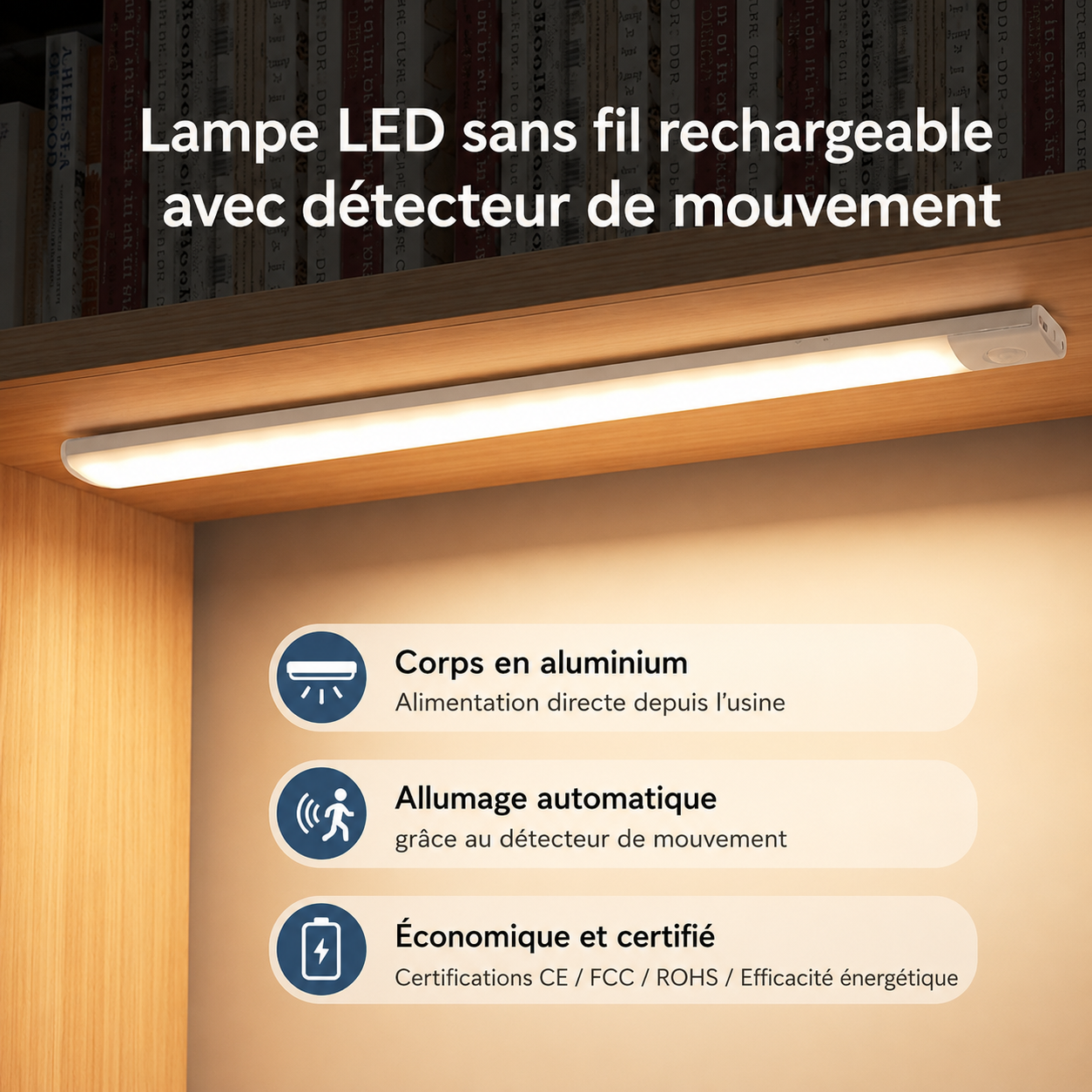 Lampe LED Sans Fil Rechargeable USB avec Détecteur KAIBA