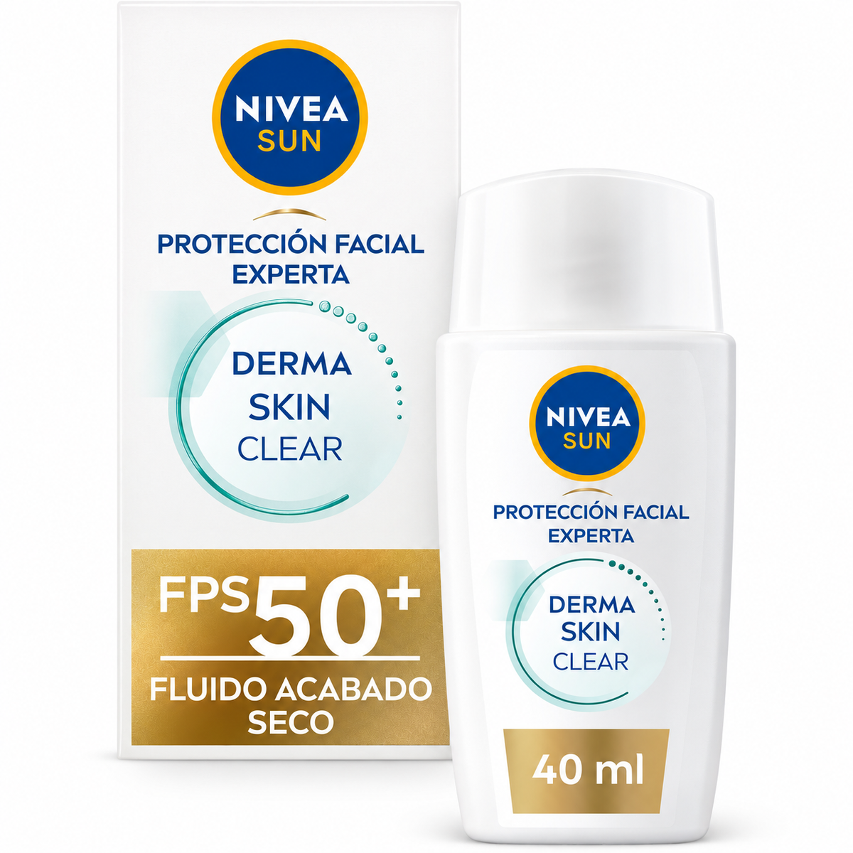 Flacon et boîte NIVEA SUN Derma Skin Clear SPF 50+ 40 ml, fluide solaire visage au fini sec.