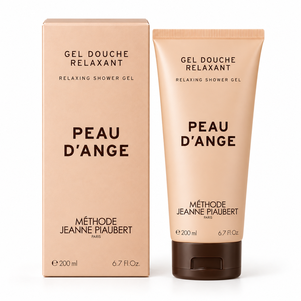 Gel douche relaxant Peau d’Ange Jeanne Piaubert 200 ml, tube et étui rose poudré sur fond blanc