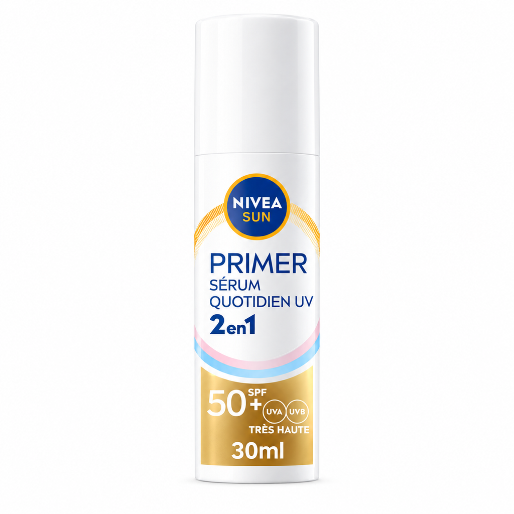 Flacon NIVEA SUN Primer Sérum Quotidien UV 2-en-1 SPF 50+ 30 ml, blanc avec capuchon, protection solaire visage sur fond blanc.