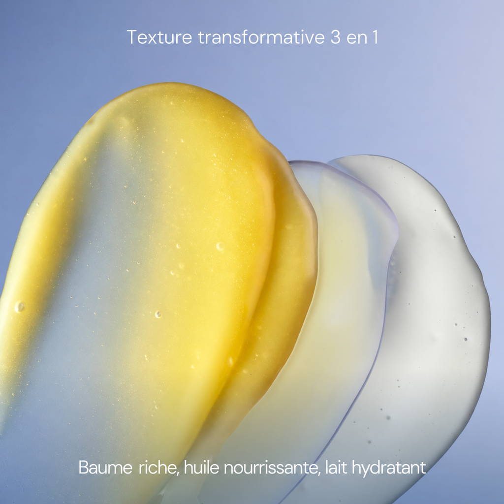 Présentation des trois textures du baume nettoyant ELEMIS Pro-Collagen : baume fondant, huile nourrissante et lait hydratant.