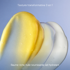 Présentation des trois textures du baume nettoyant ELEMIS Pro-Collagen : baume fondant, huile nourrissante et lait hydratant.