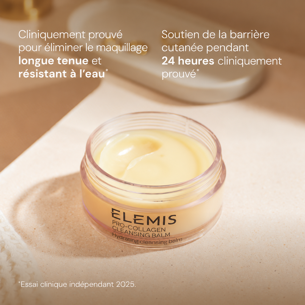 Pot ouvert ELEMIS Pro-Collagen Cleansing Balm illustrant l'élimination du maquillage longue tenue et le soutien de la barrière cutanée pendant 24 heures.