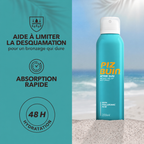 Visuel promotionnel PIZ BUIN desquamation sur fond turquoise et plage
