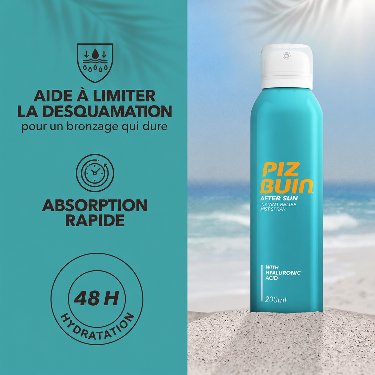 Visuel promotionnel PIZ BUIN desquamation sur fond turquoise et plage