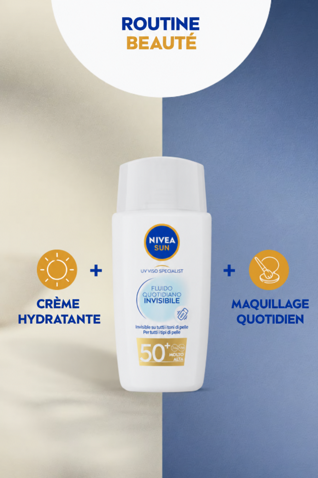 Routine de soin du visage associant protection solaire NIVEA SUN et maquillage