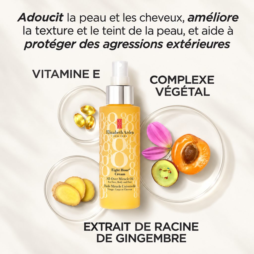 Huile Miracle Universelle Eight Hour Elizabeth Arden entourée de ses ingrédients clés : vitamine E, complexe végétal et extrait de racine de gingembre.