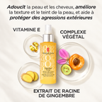 Huile Miracle Universelle Eight Hour Elizabeth Arden entourée de ses ingrédients clés : vitamine E, complexe végétal et extrait de racine de gingembre.