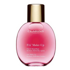 Flacon rose Clarins Fix’ Make-Up 50 ml avec bouchon doré sur fond blanc.
