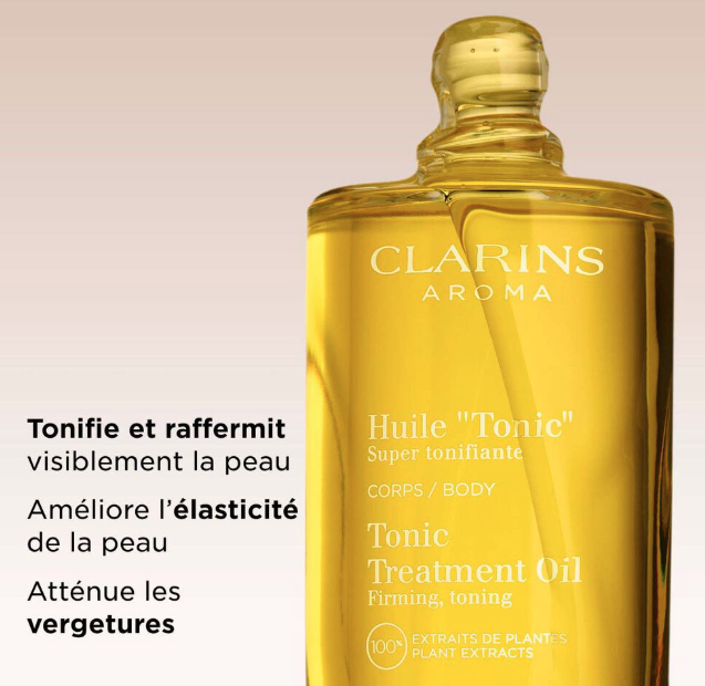 Huile Tonic Clarins avec présentation de ses bienfaits sur la fermeté, l’élasticité et l’apparence des vergetures.