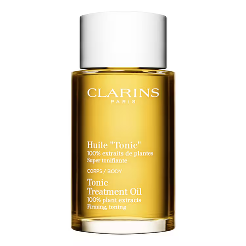 Flacon Clarins Huile Tonic Corps 100 ml sur fond blanc.