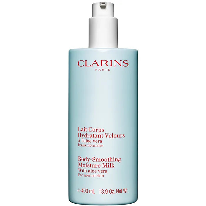 Flacon pompe Clarins Lait Corps Hydratant Velours 400 ml sur fond clair.