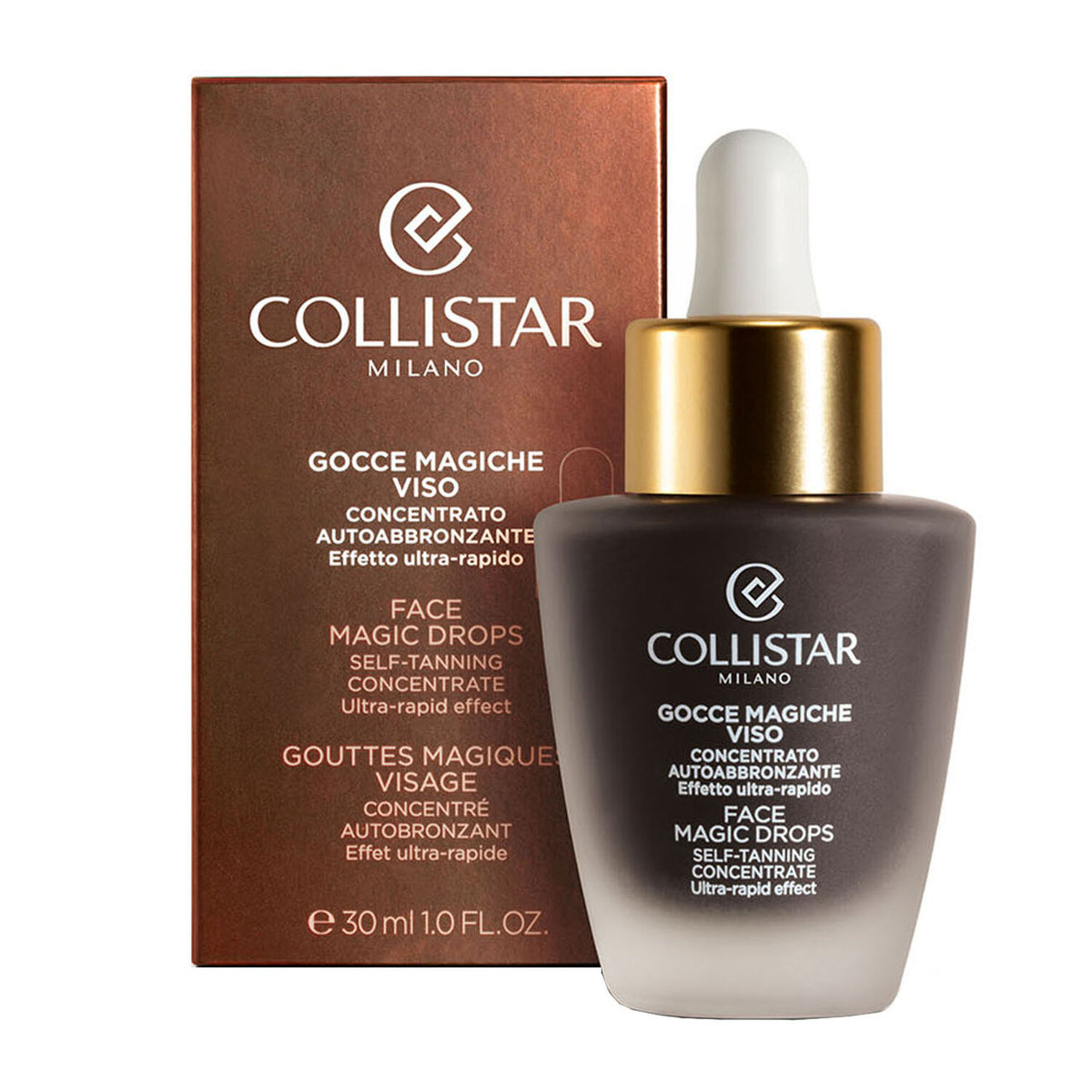 Collistar Gouttes Magiques autobronzant visage 30 ml, flacon-pipette accompagné de son étui.