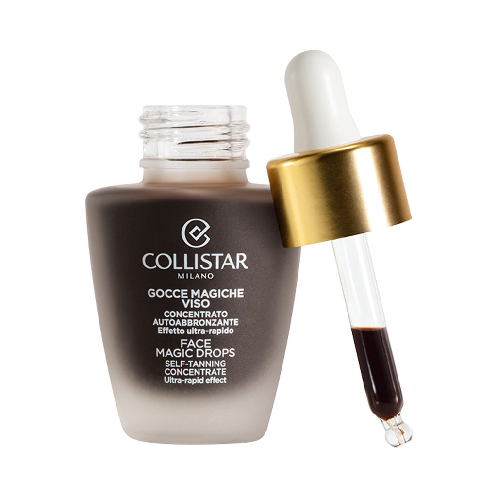 Flacon-pipette Collistar Gouttes Magiques, concentré autobronzant visage 30 ml, sur fond blanc.