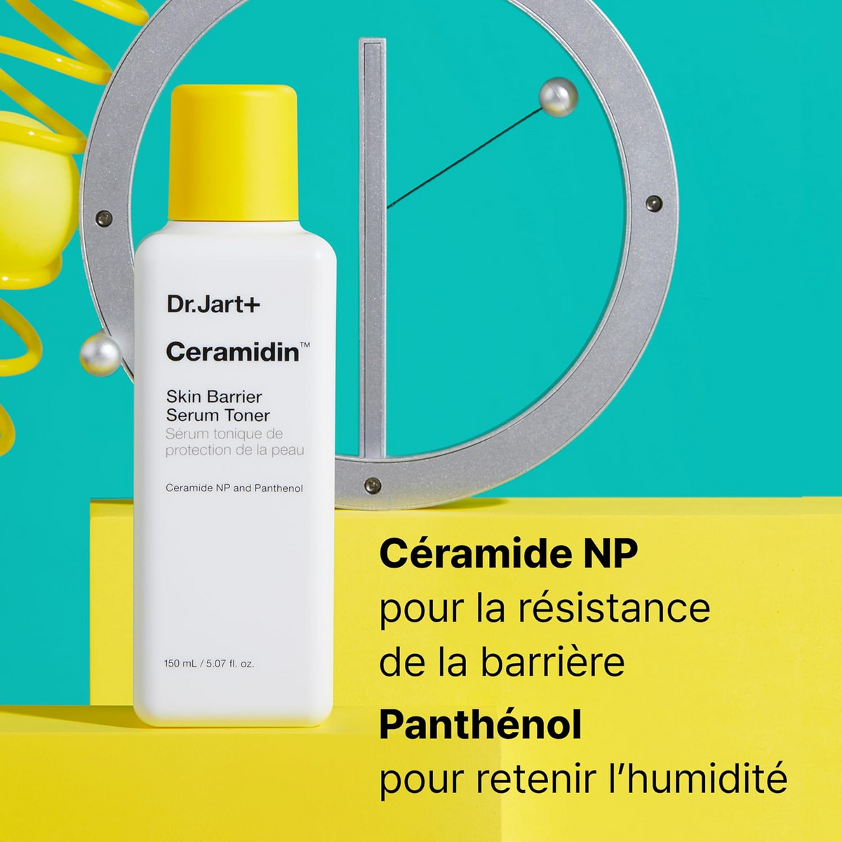 Sérum tonique Ceramidin Dr.Jart+ 150 ml, présenté avec la céramide NP et le panthénol.