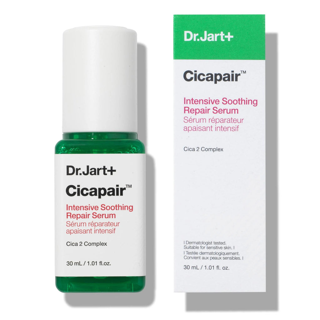 Flacon et boîte Dr.Jart+ Cicapair Sérum Réparateur Apaisant Intensif 30 ml, au Cica 2 Complex, pour les peaux sensibles.
