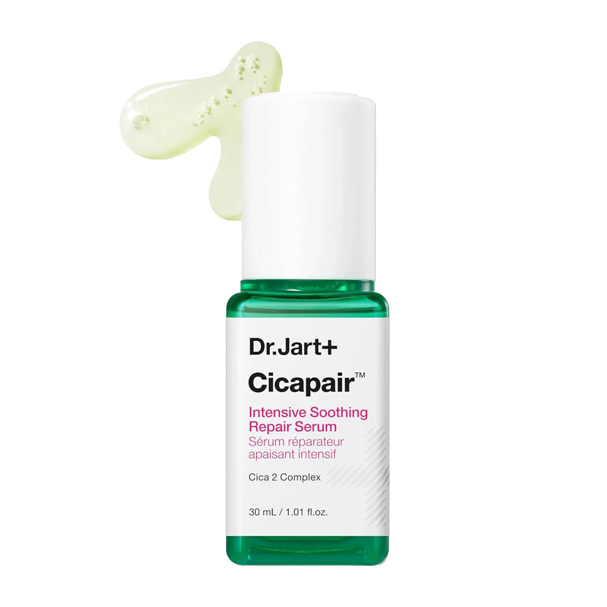 Flacon vert Dr.Jart+ Cicapair Sérum Réparateur Apaisant Intensif 30 ml, avec bouchon blanc et texture de sérum vert pâle en arrière-plan.