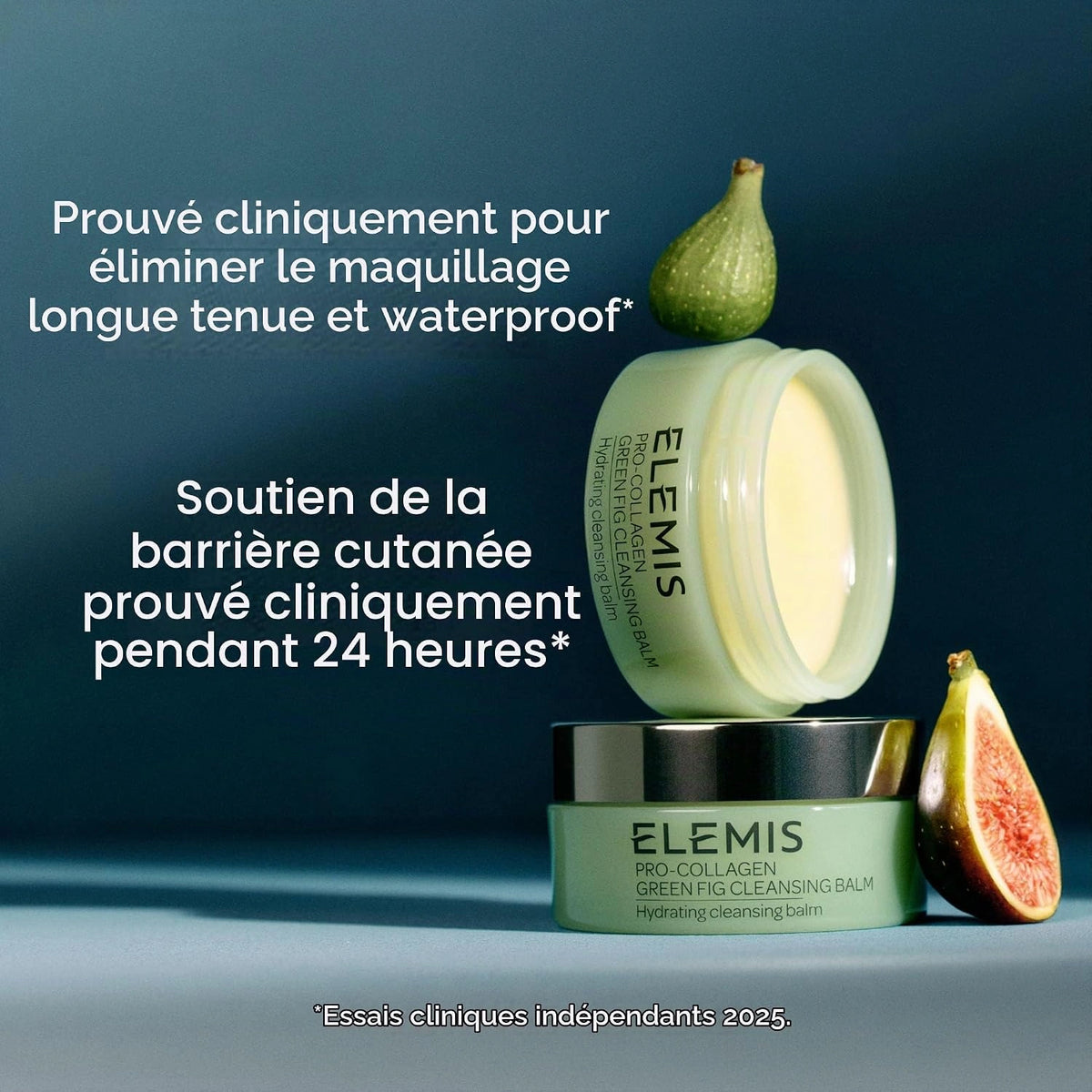 Pot de baume ELEMIS Pro-Collagen Green Fig accompagné de figues sur fond vert