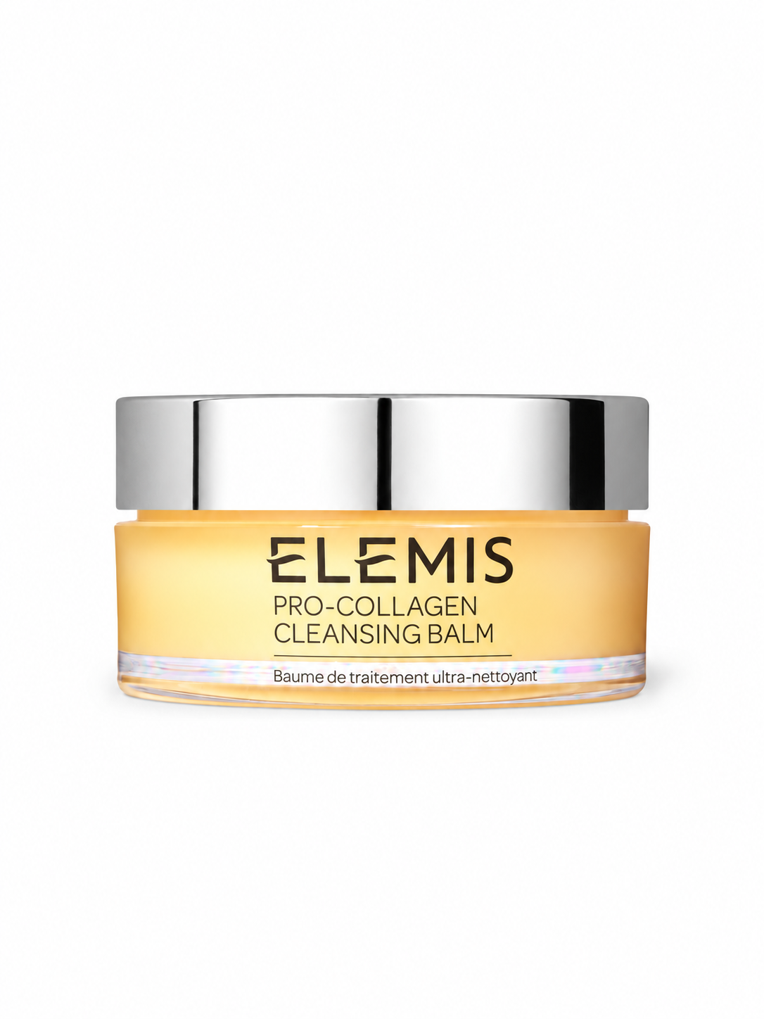 Pot fermé du baume démaquillant Elemis Pro-Collagen Cleansing Balm 100 g, doré avec couvercle argenté, sur fond blanc.