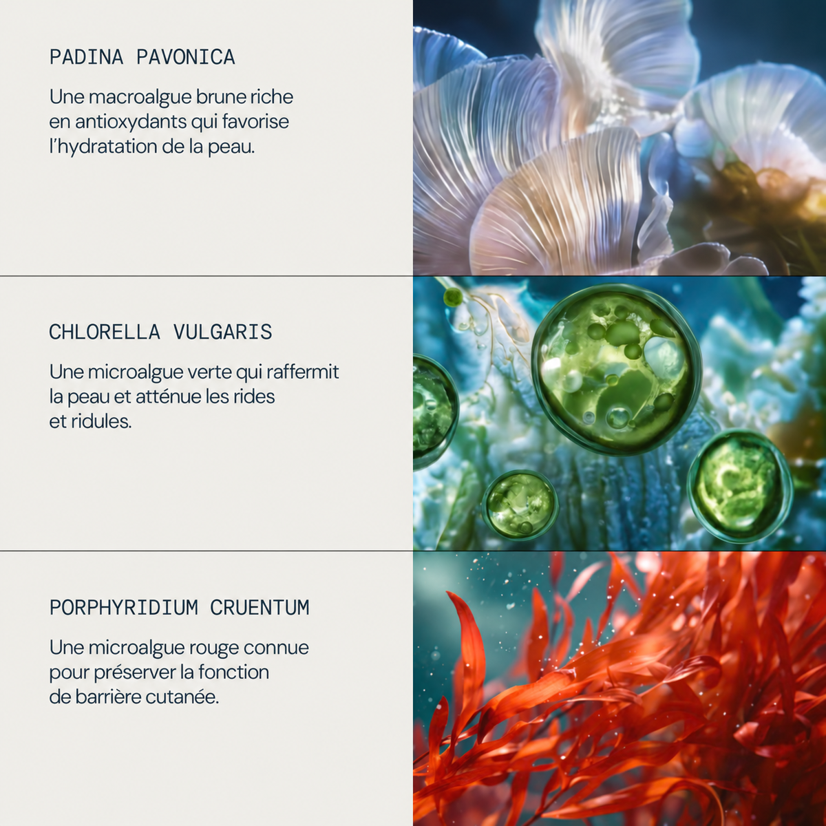Présentation des trois algues de la Pro-Collagen Marine Cream ELEMIS et de leurs propriétés.