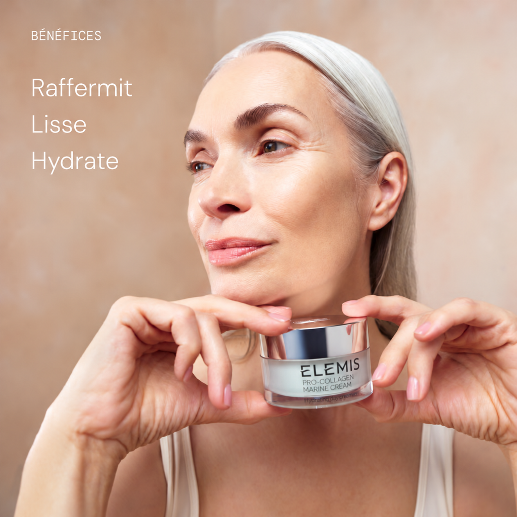 Femme tenant la Pro-Collagen Marine Cream ELEMIS près du visage, avec les mentions raffermit, lisse et hydrate.