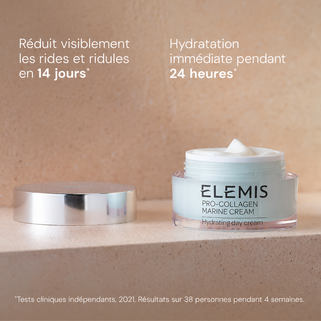 Pot ouvert ELEMIS Pro-Collagen Marine Cream avec présentation des résultats sur les rides et l’hydratation.