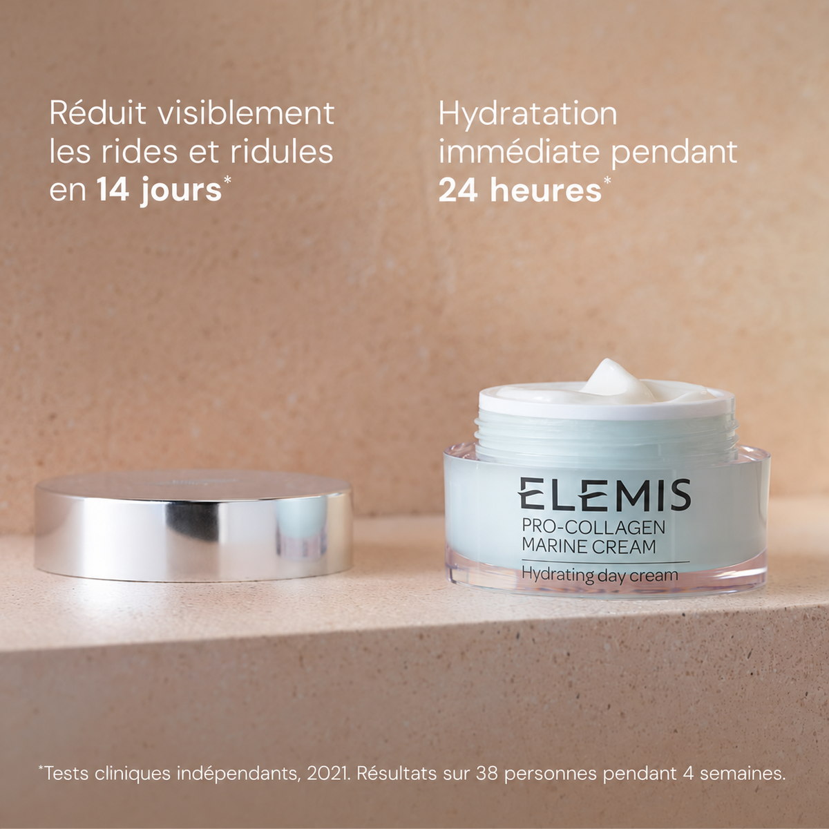 Pot ouvert ELEMIS Pro-Collagen Marine Cream avec présentation des résultats sur les rides et l’hydratation.