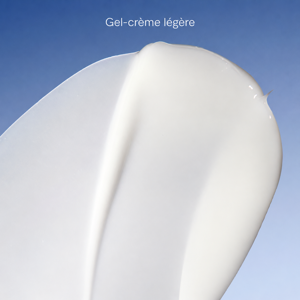 Texture gel-crème légère de la Pro-Collagen Marine Cream ELEMIS sur fond bleu.