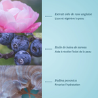 Présentation de l'extrait de rose anglaise, de l'huile de baies de sureau et de la Padina pavonica du baume ELEMIS Rose.
