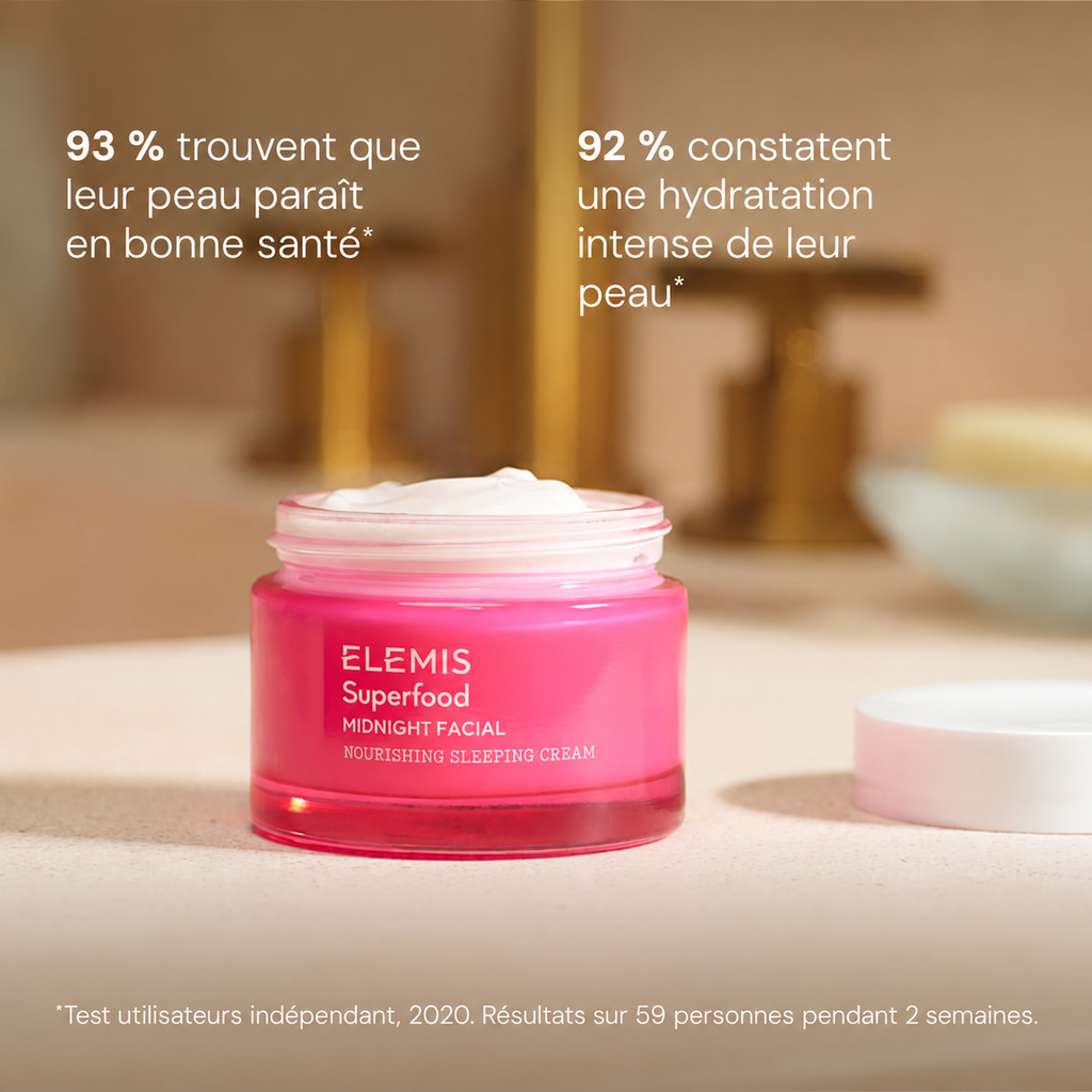 Pot ouvert ELEMIS Superfood Midnight Facial avec les résultats du test utilisateurs sur l’hydratation et l’aspect de la peau.