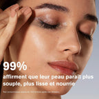Gros plan d'un visage féminin illustrant les résultats du baume nettoyant Estée Lauder Advanced Night, avec la mention de 99 % des utilisatrices constatant une peau plus souple, lisse et nourrie.