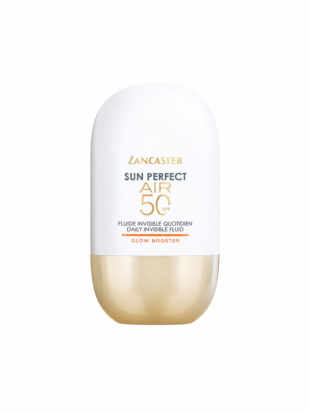 Flacon du fluide Lancaster Sun Perfect Air Glow Booster SPF 50 40 ml sur fond blanc.