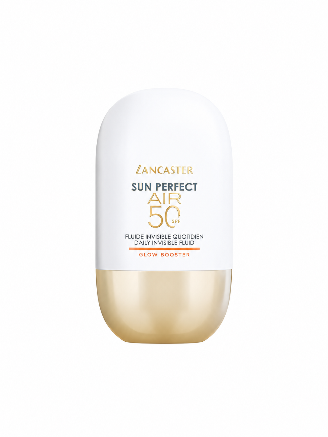 Flacon du fluide Lancaster Sun Perfect Air Glow Booster SPF 50 40 ml sur fond blanc.