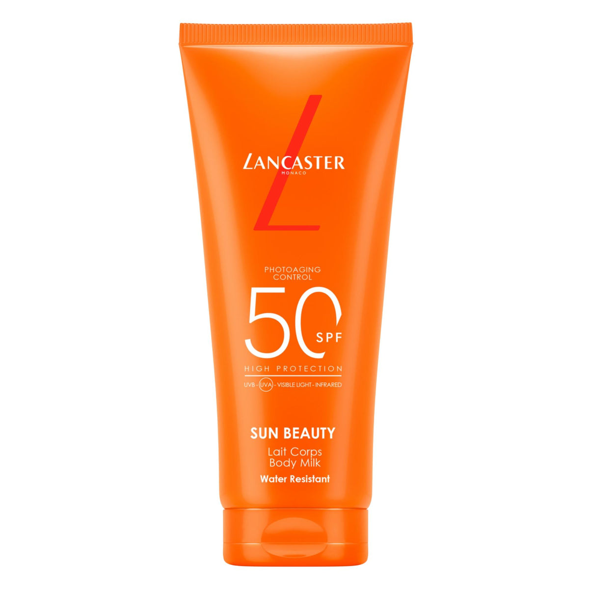 Lait solaire corps Lancaster Sun Beauty SPF 50 en format voyage 100 ml, haute protection solaire à la texture légère et au fini invisible.