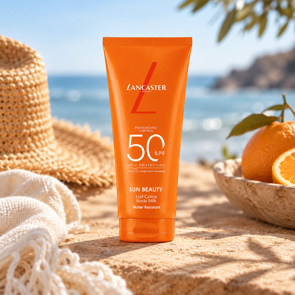 Tube de lait solaire Lancaster Sun Beauty SPF 50 posé sur un décor de bord de mer, avec chapeau de paille, linge clair et agrumes en arrière-plan.