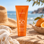 Tube de lait solaire Lancaster Sun Beauty SPF 50 posé sur un décor de bord de mer, avec chapeau de paille, linge clair et agrumes en arrière-plan.