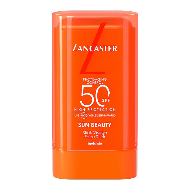 Stick solaire visage Lancaster Sun Beauty SPF 50 dans son boîtier orange, sur fond blanc