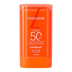 Stick solaire visage Lancaster Sun Beauty SPF 50 dans son boîtier orange, sur fond blanc