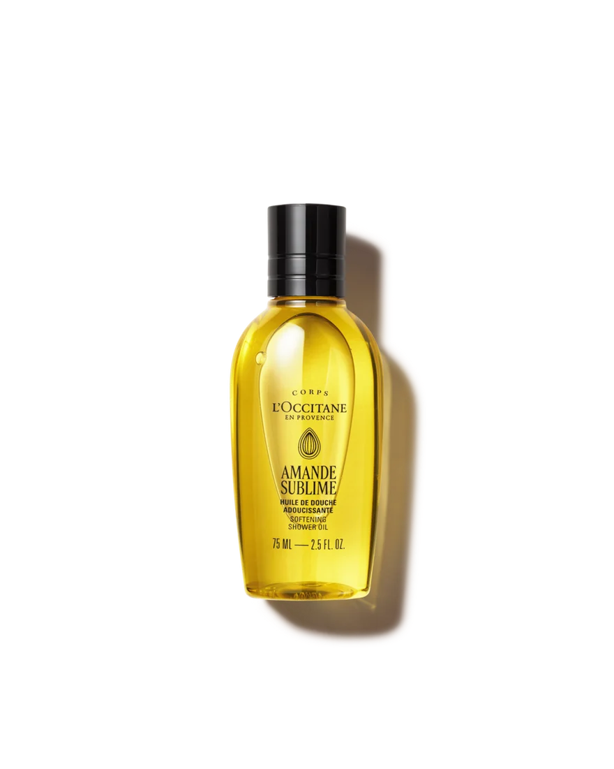 loccitane-huile-douche-amande-75ml-flacon.png	Flacon d’Huile de Douche Amande Sublime L’Occitane 75 ml, au bouchon noir et à l’huile dorée.