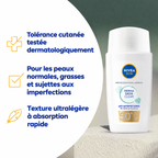 Fluide solaire NIVEA SUN Derma Skin Clear SPF 50+ avec présentation de ses bénéfices pour les peaux grasses et sujettes aux imperfections.