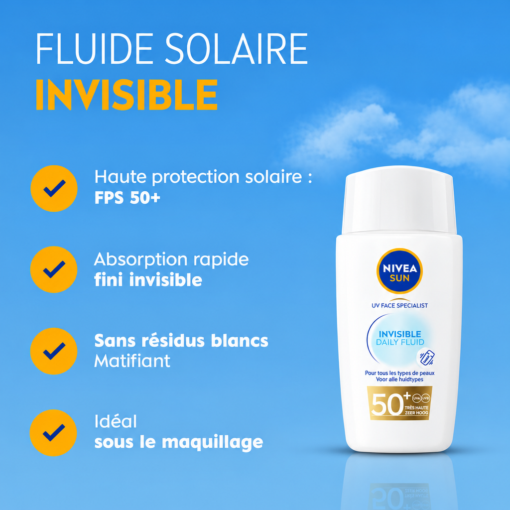 Fluide solaire NIVEA SUN Invisible SPF 50+ : absorption rapide, sans résidus blancs et adapté sous le maquillage.