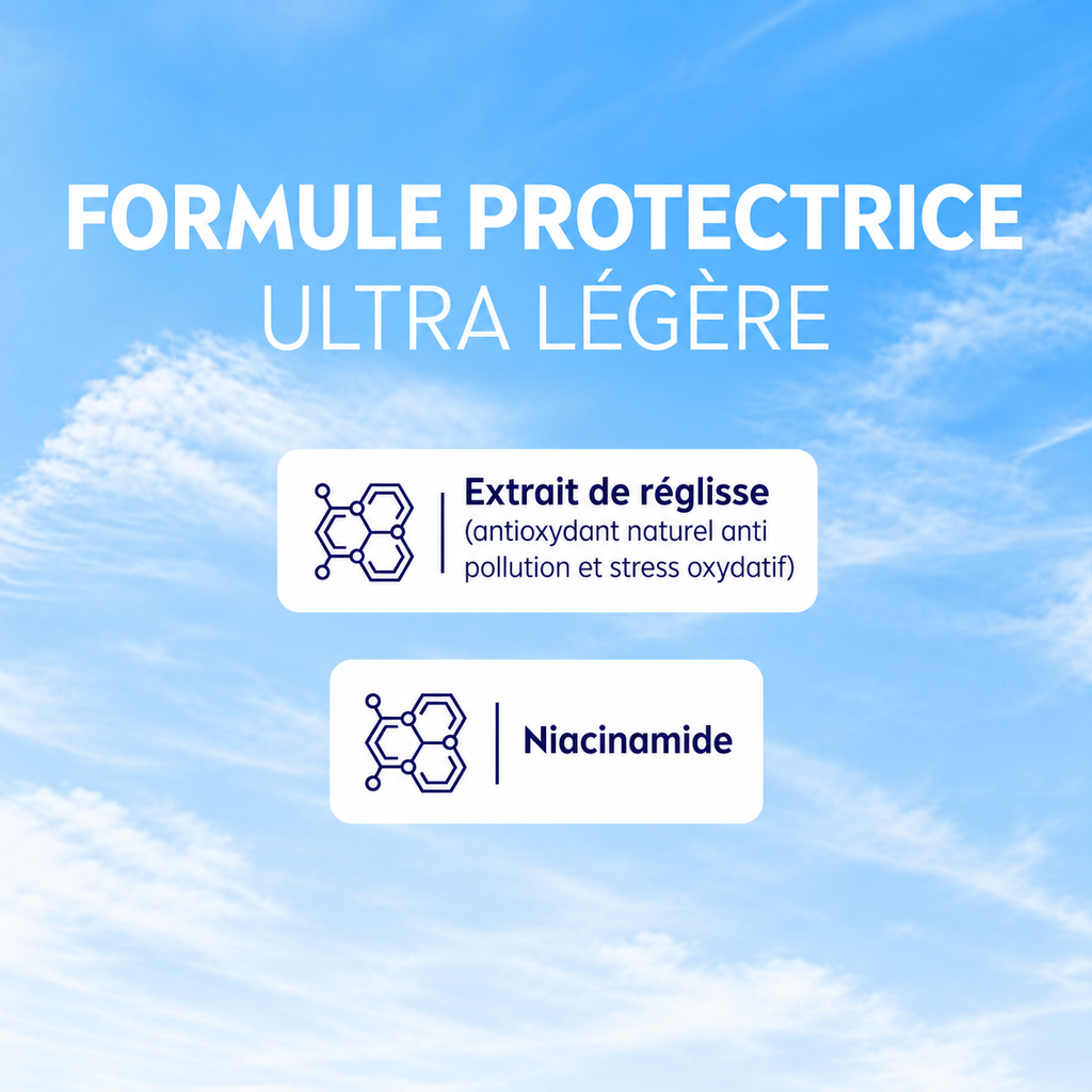Présentation de la formule du fluide NIVEA SUN Invisible, à la niacinamide et à l’extrait de réglisse.