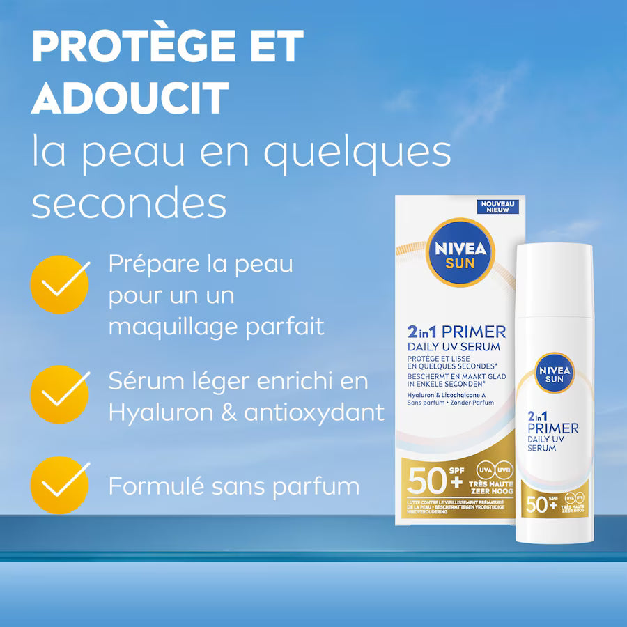 Sérum solaire NIVEA SUN SPF 50+ enrichi en acide hyaluronique et antioxydant, sans parfum, préparant la peau avant le maquillage.