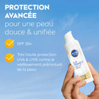 Sérum solaire visage NIVEA SUN Primer 2-en-1 SPF 50+ 30 ml tenu dans une main, avec présentation de la protection UVA/UVB contre le vieillissement prématuré de la peau.
