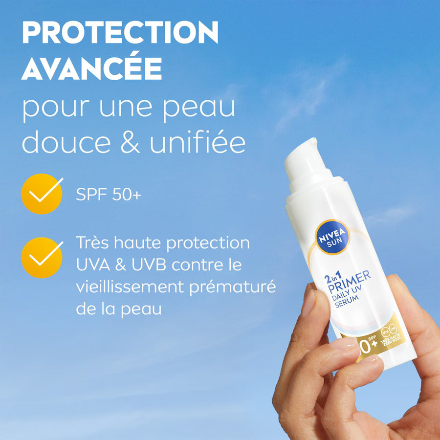 Sérum solaire visage NIVEA SUN Primer 2-en-1 SPF 50+ 30 ml tenu dans une main, avec présentation de la protection UVA/UVB contre le vieillissement prématuré de la peau.