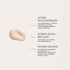 Actifs du sérum PAYOT Lisse : acides hyaluroniques, pin des Alpes et pensée sauvage.