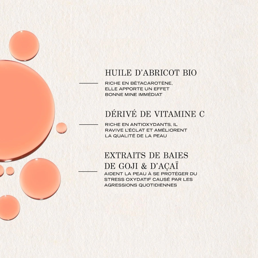 Actifs de l’Huile Bonne Mine Éclat My Payot : huile d’abricot bio, dérivé de vitamine C, extraits de goji et d’açaï.