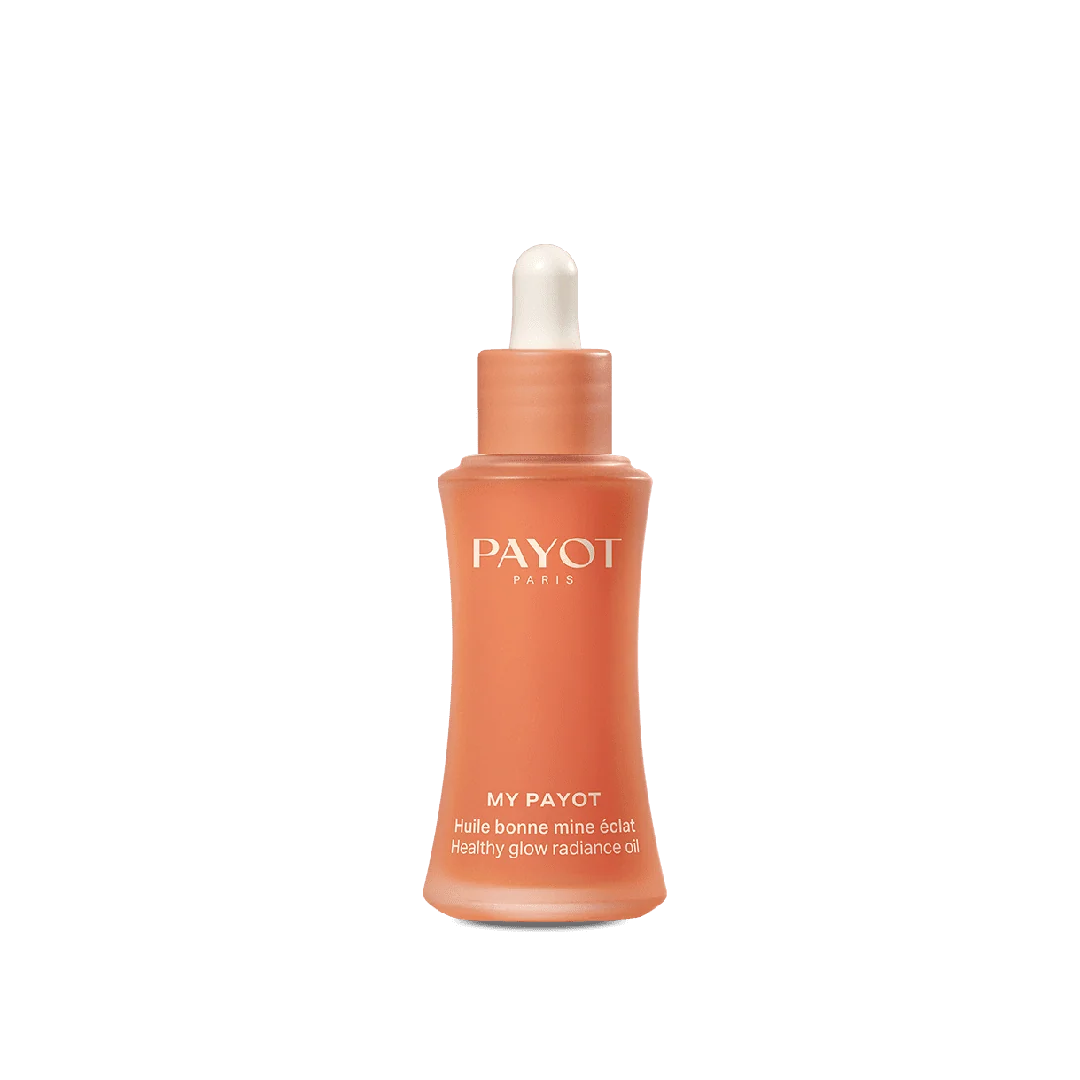 Flacon pipette My Payot Huile Bonne Mine Éclat 30 ml sur fond blanc.